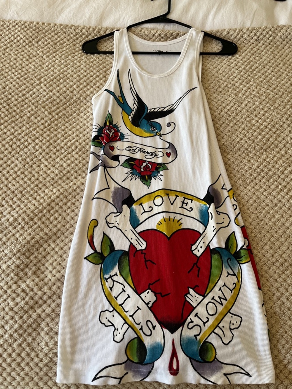 Ed Hardy White Tank Dress with Red Heart and Multicolor Tattoo Print